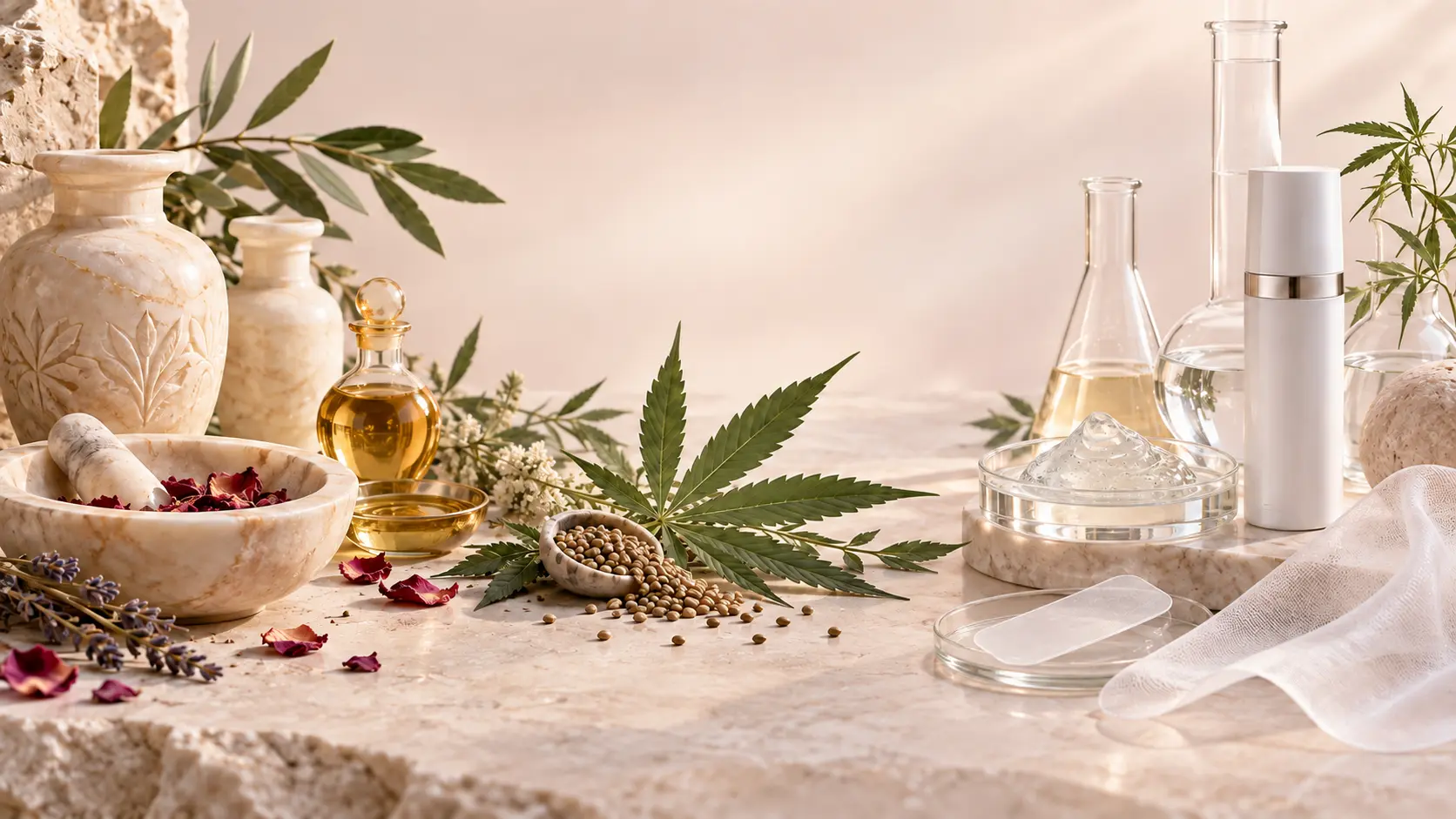 Botanicals and laboratory glassware on a stone surface