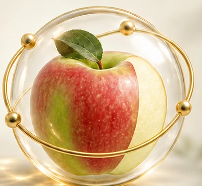 An apple held in a protective gold sphere, representing CBDAe